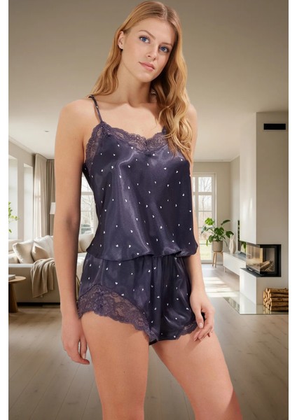 Saten Dokuma Pijama Takımı Kalp Desenli Dantel Detaylı Regular Zarifane Tasarım modelleri