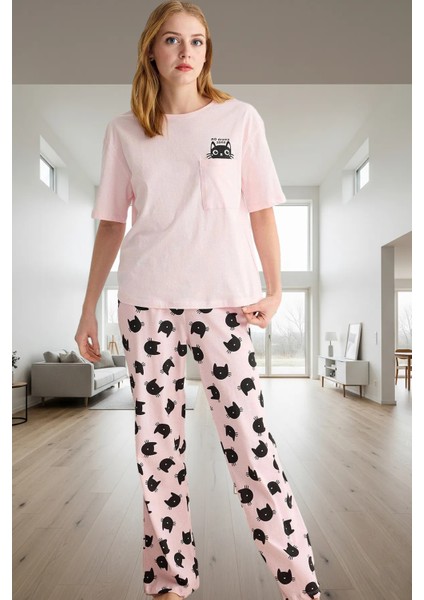 Rahat ve Şık Kedi Desenli Pamuklu Pijama Takımı Mükemmel Uyum Dayanıklı Malzeme Profesyonel Görünüm fiyatları