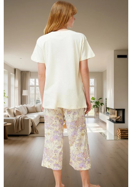 Rahat Örme Pijama Takımı Çiçek Desenli Kapri Pantolon Bisiklet Yaka Zarifane Tasarım modelleri