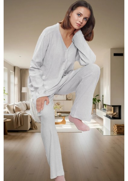Rahat Pijama Takımı Pamuklu Kaşkorse Örme Hırka ve Pantolon Mükemmel Uyum Kullanım