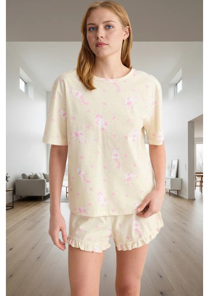 Rahat %100 Pamuklu Pijama Takımı Kedi Desenli Şort ve Tişört Zarifane Tasarım Kullanım
