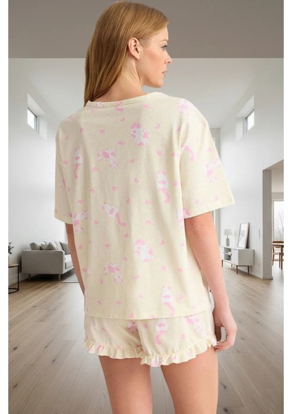 Rahat %100 Pamuklu Pijama Takımı Kedi Desenli Şort ve Tişört Zarifane Tasarım Kullanım modelleri