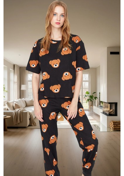 Ayıcıklı Kadın Pijama Takımı; %100 Pamuk Boru Paça Regular Kalıp Konforlu Kesim