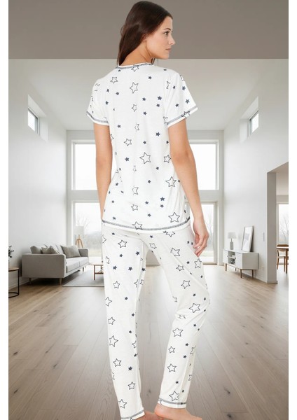 Rahat Yıldız Desenli Pijama Takımı %50 Polyester Viskoz Trend Tasarım Özel fiyatları