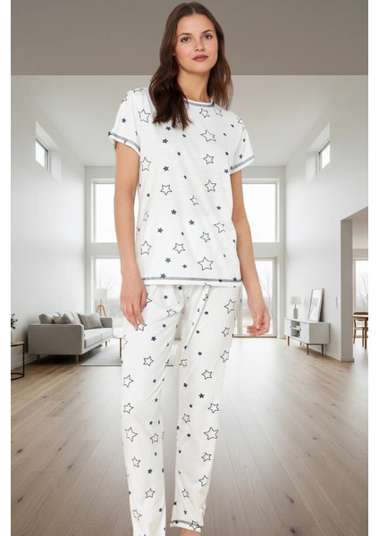 Rahat Yıldız Desenli Pijama Takımı %50 Polyester Viskoz Trend Tasarım Özel modelleri