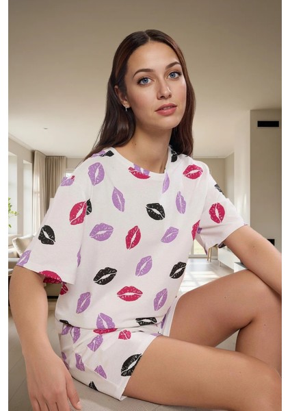 Pamuklu Dudak Desenli Örme Pijama Takımı Yazlık Rahat 2'li Set Premium Kalite