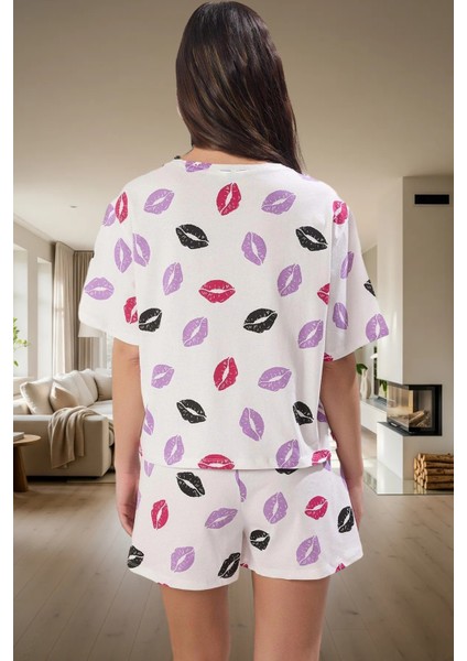 Pamuklu Dudak Desenli Örme Pijama Takımı Yazlık Rahat 2'li Set Premium Kalite modelleri