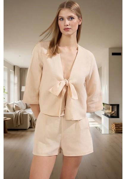 Ev Giyim Takımı %100 Pamuk Müslin Regular Kalıp Rahat Şort ve Gömlek Profesyonel Görünüm