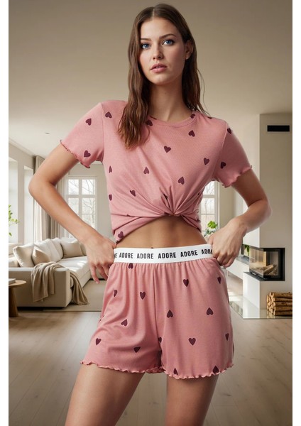 Kalpli Desenli Pijama Takımı Yumuşak Örme Kumaş Lastikli Şort 2'li Takım Premium Kalite