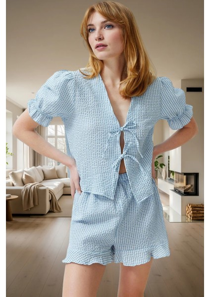 Nefes Alan Gofre Dokuma Pijama Takımı Ekose Şortlu V Yaka Günlük Kullanım Için fiyatları