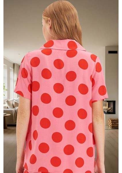 Şık Puantiyeli Viskon Pijama Takımı Dokuma Kumaş Regular Kalıp Yazlık Dayanıklı Malzeme