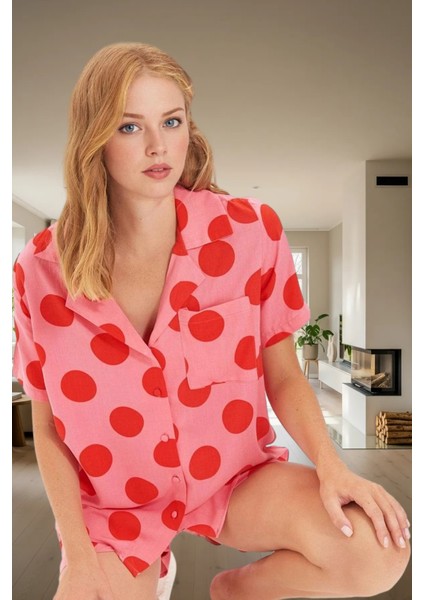 Şık Puantiyeli Viskon Pijama Takımı Dokuma Kumaş Regular Kalıp Yazlık Dayanıklı Malzeme fiyatları