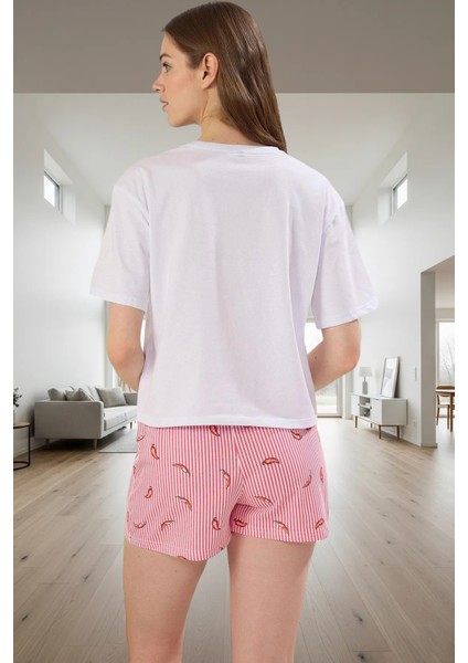 Homewear %100 Pamuk 2'li Pijama Takımı Biber Desenli Şort ve Tişört Modern Stil Rahat Şık