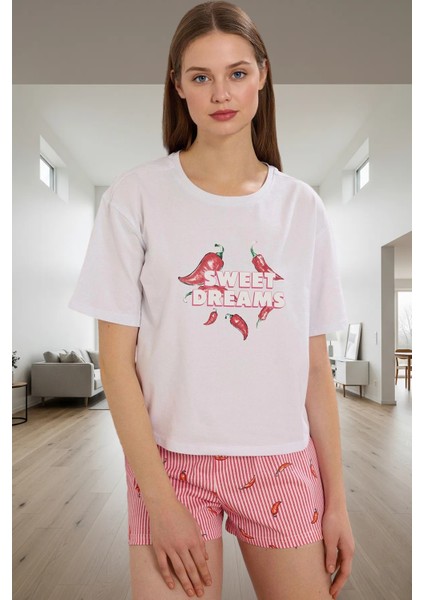 Homewear %100 Pamuk 2'li Pijama Takımı Biber Desenli Şort ve Tişört Modern Stil Rahat Şık fiyatları