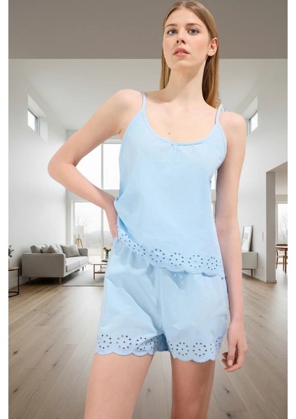 Brodeli Detaylı Yazlık Pijama Takımı %100 Pamuk Regular Kalıp Atlet ve Şort Seçkin Malzeme fiyatları