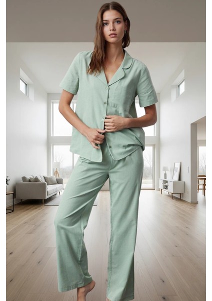 Dokuma Pamuklu Pijama Takımı Basic Siluet Tüm Sezonlar Için Uygun Konforlu Kesim