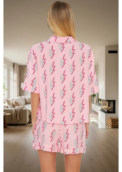 Rahat Viskoz Pijama Takımı Şimşek Desen Düğmeli Yazlık Trend Tasarım Konforlu Kesim modelleri