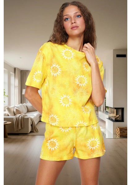 Rahat %100 Pamuklu Güneş Desenli Pijama Takımı Yaz Için Ideal Uzun Ömürlü Özenle Seçilmiş