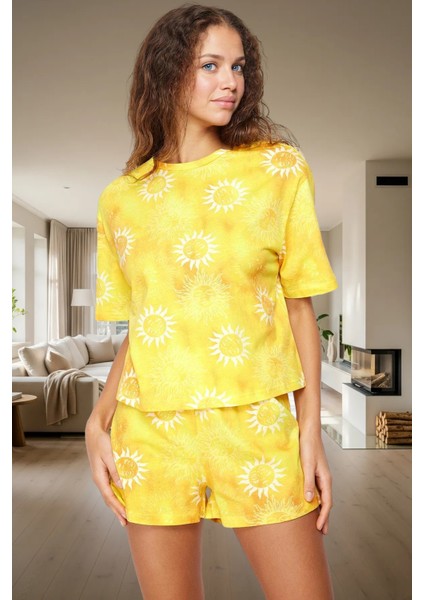 Rahat %100 Pamuklu Güneş Desenli Pijama Takımı Yaz Için Ideal Uzun Ömürlü Özenle Seçilmiş fiyatları