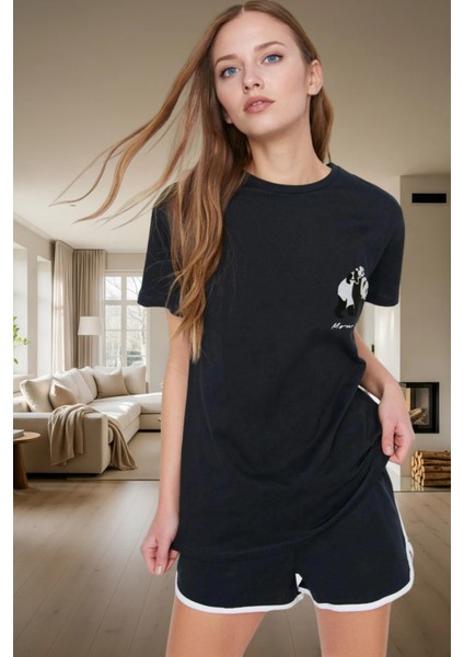 Regular Kalıp Pamuklu Panda Baskılı Kısa Kollu Pijama Takımı Modern Stil Özel Tasarım