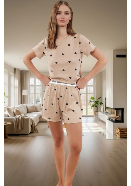 Kalpli Desenli Pijama Takımı Yumuşak Örme Kumaş Lastikli Şort 2'li Takım Premium Kalite