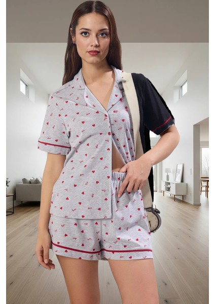 Pamuklu Pijama Takımı Kalpli Desen Kısa Kol Boru Paça Şort Rahat ve Şık Mükemmel Uyum fiyatları