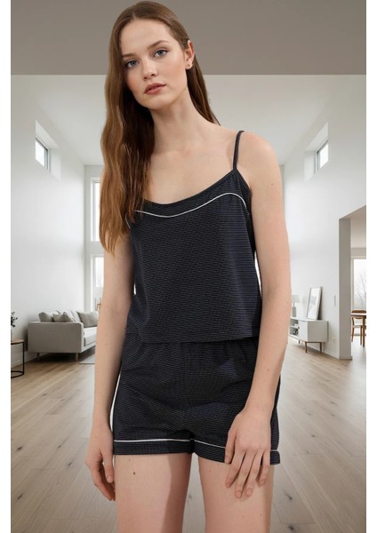 Ince Askılı Çizgili Pijama Atlet Şort Takımı Yaz Için Nefes Alabilir Örme Kumaş