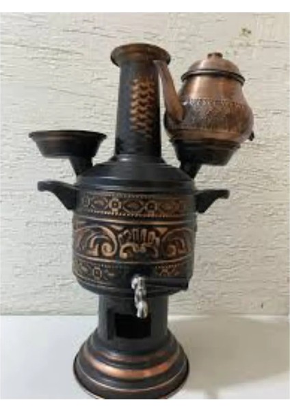 5 Lt Kabartmalı Bakır Semaver Demlikli