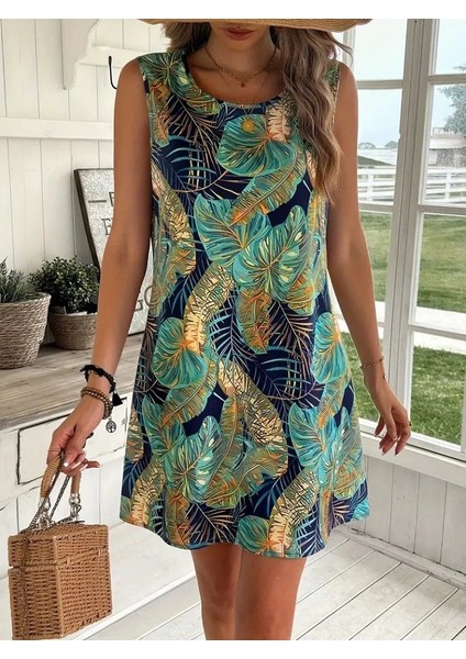 Kadın Sıfır Kollu Yuvarlak Yaka Desenli Süprem Elbise