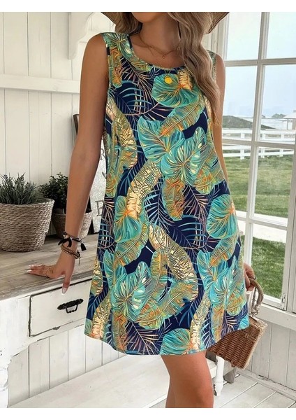 Kadın Sıfır Kollu Yuvarlak Yaka Desenli Süprem Elbise modelleri