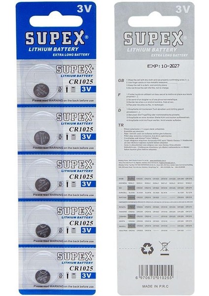 CR1025 3 Volt Lityum Pil 5'li Paket