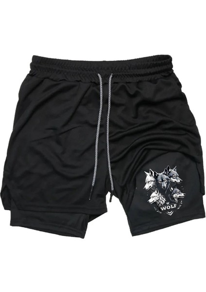 Baskılı Sporcu Şortu, Alt Siyah Tayt Görünümlü Çok Cepli Taytlı Spor Şortu Wolf