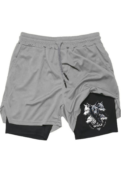 Baskılı Sporcu Şortu, Alt Siyah Tayt Görünümlü Çok Cepli Taytlı Spor Şortu Wolf