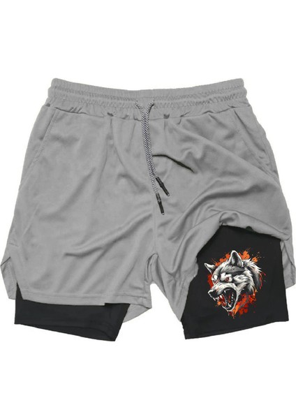 Baskılı Sporcu Şortu, Alt Siyah Tayt Görünümlü Çok Cepli Taytlı Spor Şortu Kurt