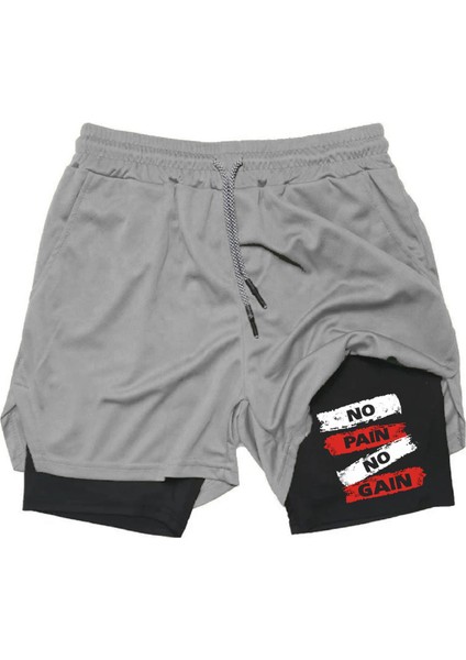 Baskılı Sporcu Şortu, Alt Siyah Tayt Görünümlü Çok Cepli Taytlı Spor Şortu No Pain