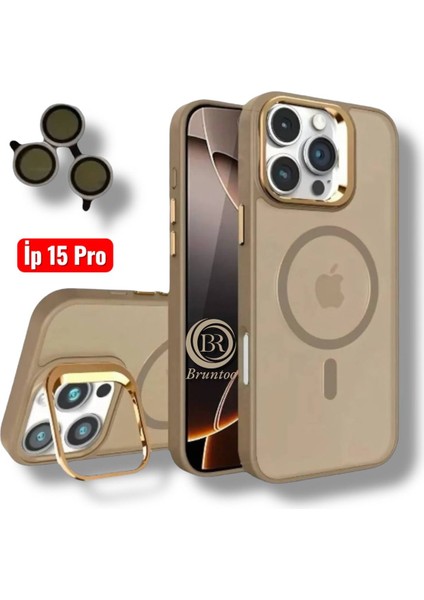 Apple Iphone 15 Pro Uyumlu Mat Serisi Standlı Kapak Magsafe Kılıf +Lens Koruma .