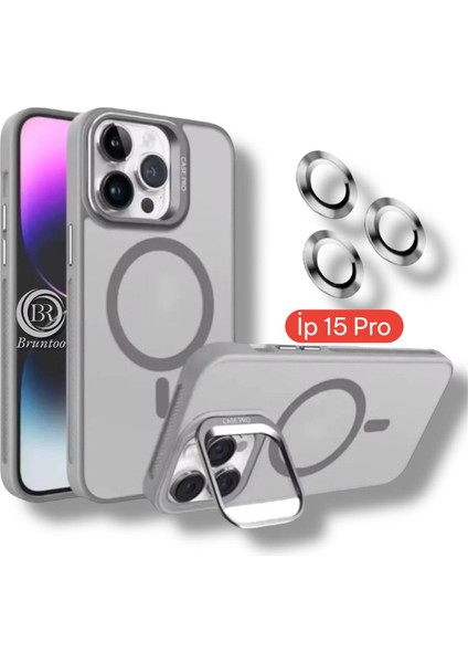 Apple Iphone 15 Pro Uyumlu Mat Serisi Standlı Kapak Magsafe Kılıf +Lens Koruma .
