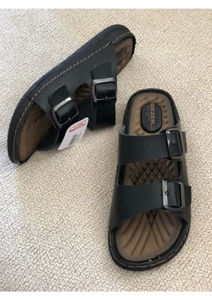Suni Deri Eva Terlik Dikişli Metal Çift Tokalı Erkek Konfort Hafif Kaymaz Siyah modelleri