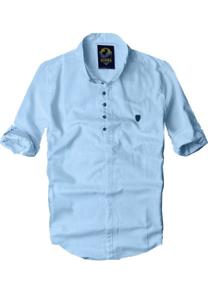 Slim Fit %100 Pamuk Kumaş Hakim Yaka Uzun Kol Gömlek -Buz Mavisi-