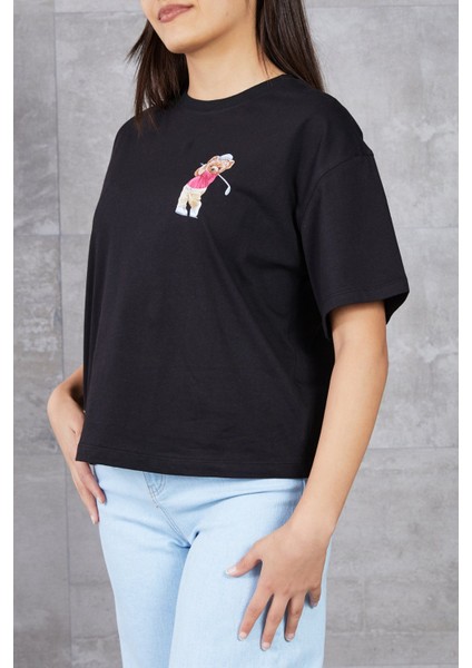 Ayıcık Baskılı Bisiklet Yaka T-Shirt modelleri