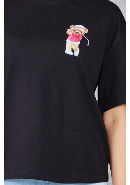 Ayıcık Baskılı Bisiklet Yaka T-Shirt indirimleri