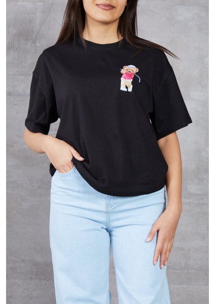Ayıcık Baskılı Bisiklet Yaka T-Shirt