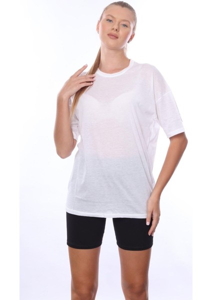 Kadın Iç Gösteren Transparan Penye Pamuk Beyaz Bisiklet Yaka Oversize T-Shirt