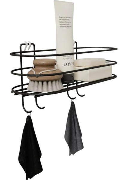 Banyo Mutfak Düzenleyici Oval Düz Banyo Havluluk Rafı Sabunluk Mat Siyah Duş Askısı Raf (Kancalı Oval Raf)