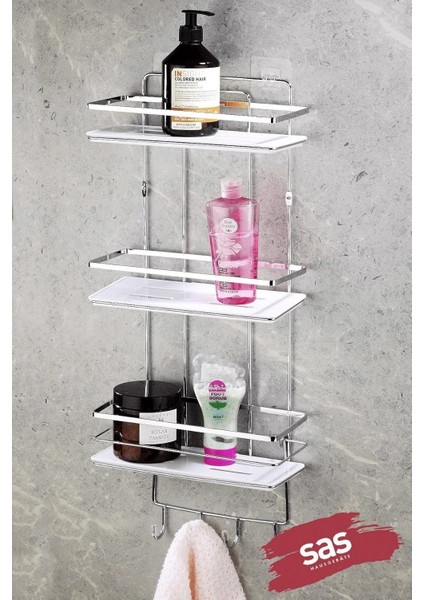 Haus Yapışkanlı Ömür Boyu Paslanmaz Ayarlanabilir Raf Banyo Düzenleyici Şampuanlık Krom-Beyaz Lş-03