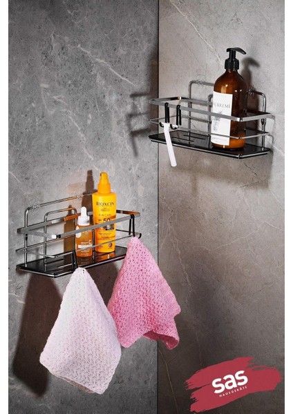 Haus Yapışkanlı Ömür Boyu Paslanmaz Kristal Ayarlanabilir Raf Banyo Düzenleyici Şampuanlık 2 Adet Krom -