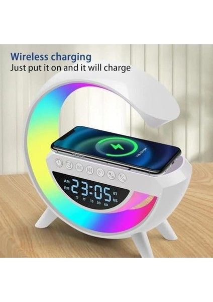 Kablosuz Şarj Istasyonu Speaker Özellikli LED Işıklı Fm Radyolu Harika Bluetooth Speaker iPhone Uyumlu ve Uyumlu Telefon Şarj Standı Bataryalı 22.5cm x 22.5cm B3401 (BT3401) fiyatları