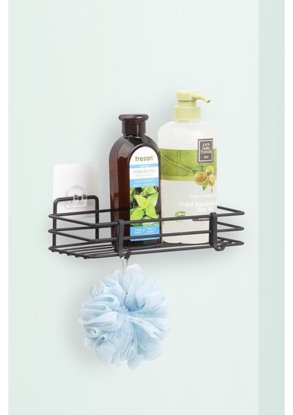 Haus Ömür Boyu Paslanmaz Yapışkanlı Banyo Düzenleyici Şampuanlık Duş Rafı Siyah MGS-718