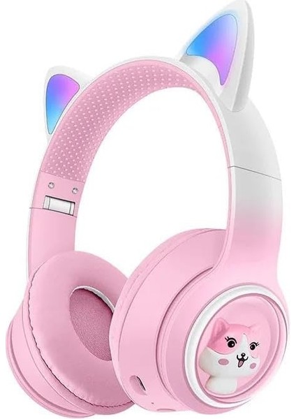 Renkli Büyük Kulak Üstü Taç Renkli Işıklı Kedi Kulaklı Kedi Kabartmalı 5.3 Version Ped Balşlıklı Boyu Ayarlanabilen Çok Rahat Bluetooth Kulaklık Akz 02 (Pembe)