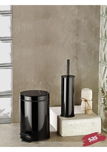 Çöp Kovası Tuvalet Wc Fırçası Banyo Çöp Kovası 2'li Banyo Seti Siyah 5 Litre